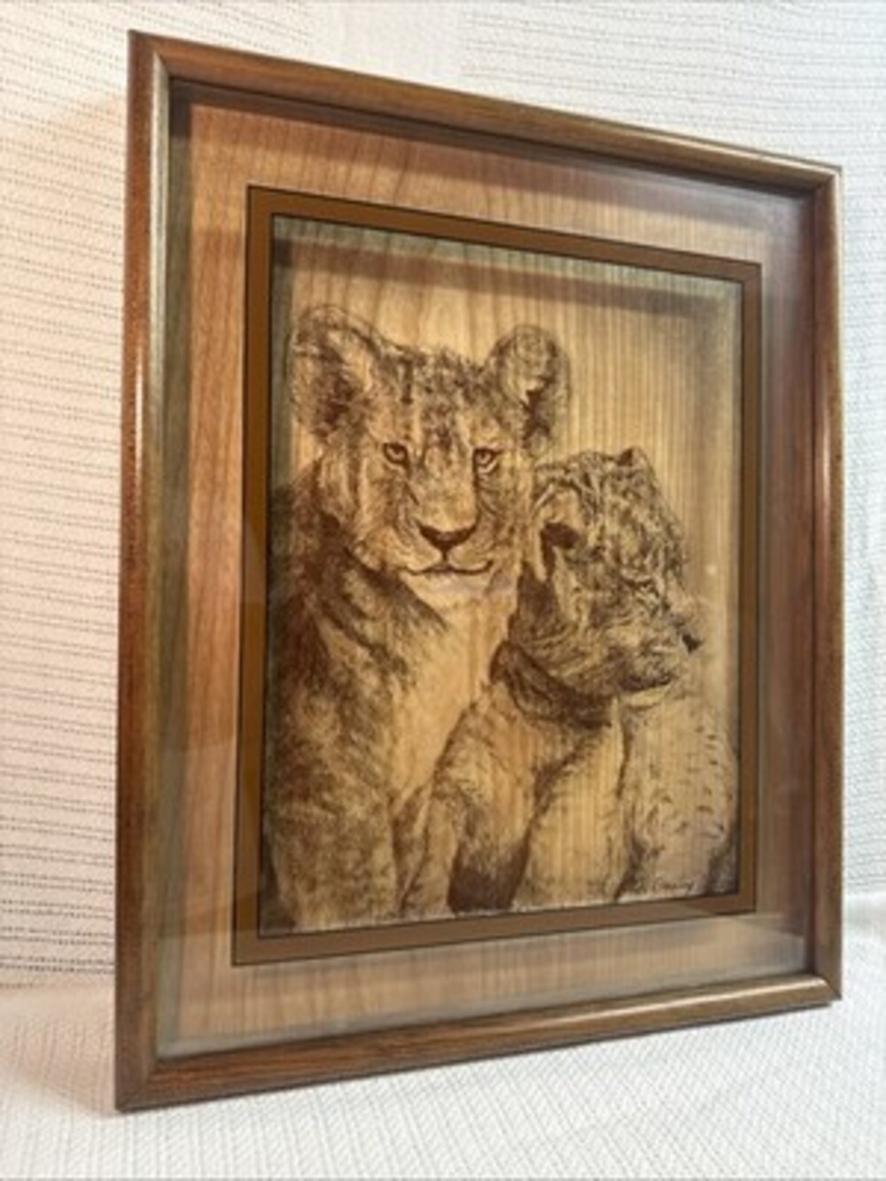 Vintage 1976 Lucid Lines Lion Cubs Wildlife Glass Art by Dennis Curry 17x21